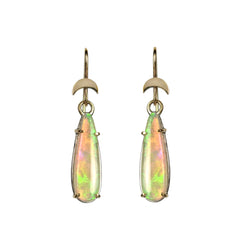 Australian Crystal Opal Moon Drop Earrings displaying their unique play of color and transparency, set against a white background